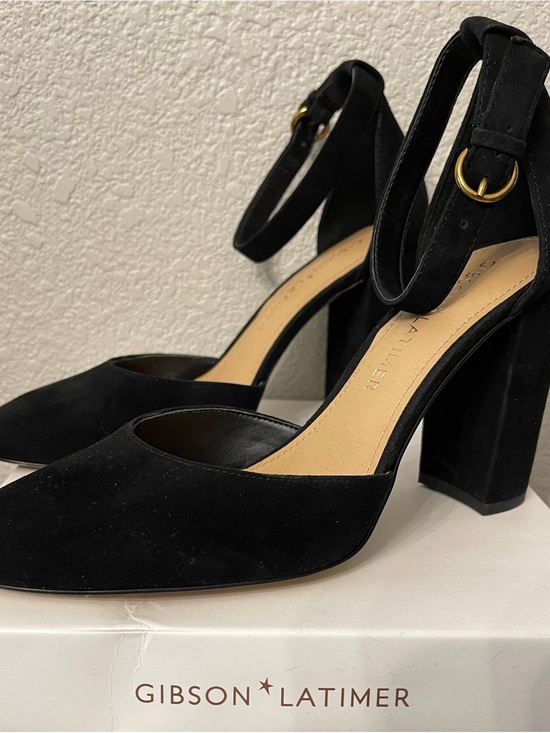 Gibson Latimer Black Suede Block Heel Ankle-Strap Pumps